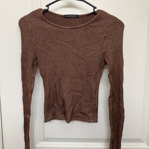 Caution To The Wind Brown Ribbed Fitted Blouse